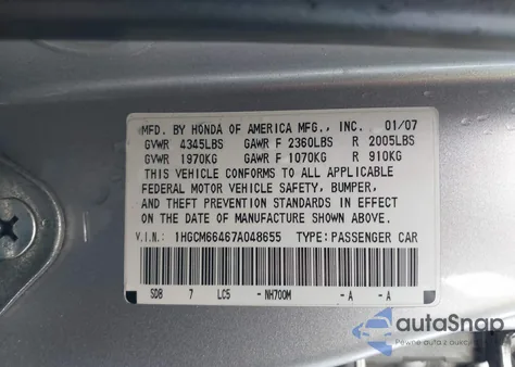 2007 Honda Accord 3.0 Se z USA, uszkodzony, nr VIN 1HGCM66467A048655